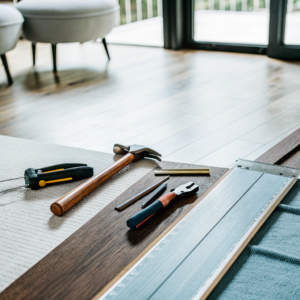 hardwood-floor-and-carpenter-tools-in-modern-home-